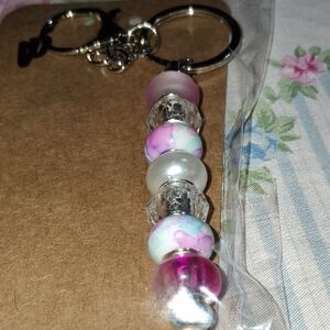 Beaded Keychain with Pink and Silver Accents